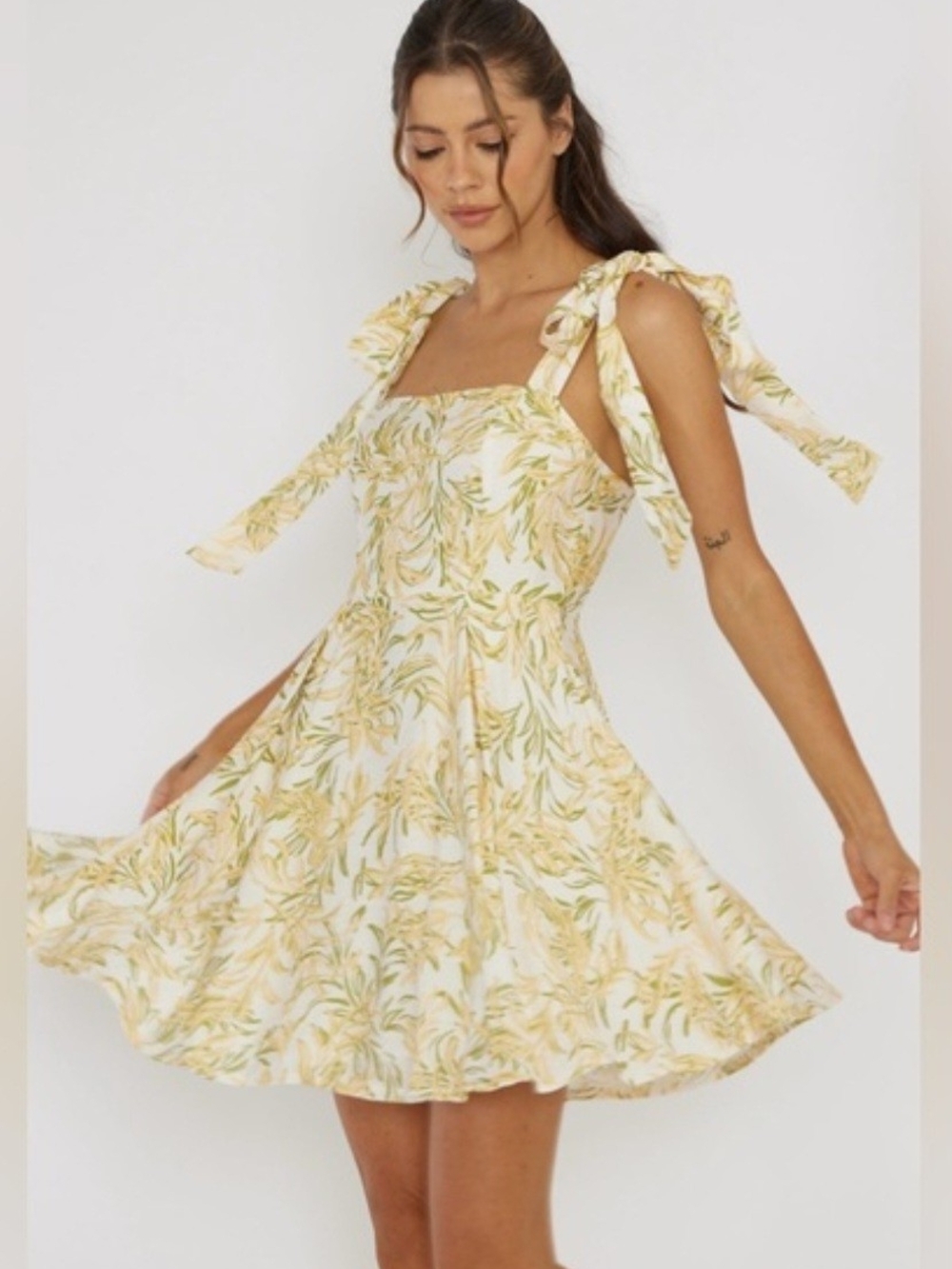 White Mini Dress with Yellow & Green Floral Print